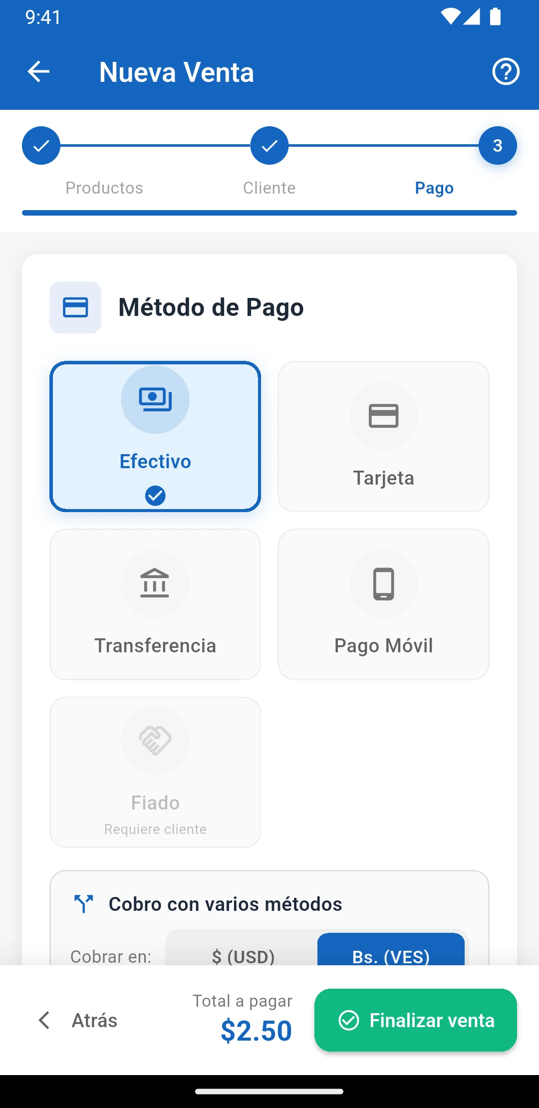 Pantalla de cobro de IUNCI: método de pago, total y botón Finalizar venta